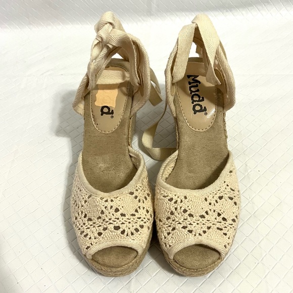 Mudd Y2K Platform Lace Up Espadrilles Peep Toe Crochet Cream White Size 6.5-7 - Picture 8 of 13